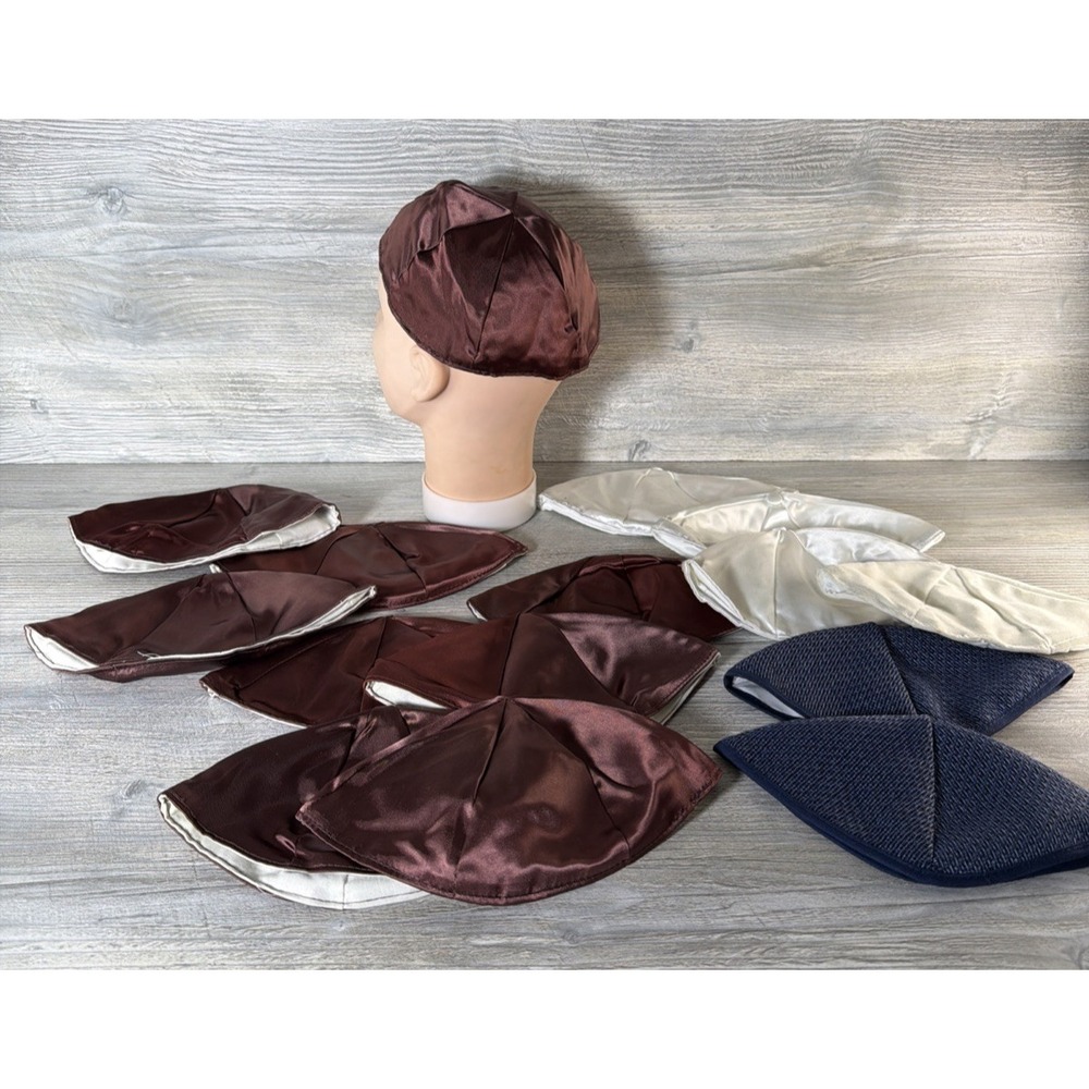 15 Lot Jewish Religious Yamakas Kippah Yarmulkes Brown & White Satin Blue Cotton